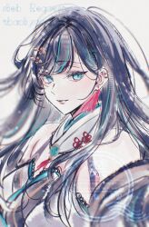  1girl absurdres aqua_eyes aqua_streaks blue_hair commentary commission cropped_torso ear_piercing earrings hair_ornament highres japanese_clothes jewelry kayoi kimono miko multicolored_hair muted_colors original piercing skeb_commission sketch streaked_hair white_kimono 