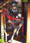  blurry breasts caren_hortensia caren_ortensia depth_of_field fate/hollow_ataraxia fate_(series) grey_legwear hat highres impossible_clothes long_hair pantyhose saidyiiii silver_hair sitting smile solo stairs thighhighs yellow_eyes 