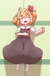  1girl ahoge black_skirt black_vest blonde_hair blush closed_eyes double-parted_bangs drooling full_body hair_ribbon highres large_variant_set long_skirt lying mouth_drool neckerchief no_shoes on_back one_side_up open_mouth red_neckerchief red_ribbon ribbon roco_(katsuya1011) rumia shirt short_hair short_sleeves skirt skirt_set sleeping socks solo touhou variant_set vest white_shirt white_socks 