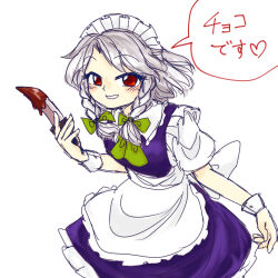  1girl apron blood blood_on_weapon blush bow braid cowboy_shot green_bow grey_hair hair_bow hand_up highres holding holding_knife izayoi_sakuya knife looking_at_viewer maid_headdress multiple_hair_bows nokisakifuurin open_mouth purple_vest red_eyes simple_background smile solo speech_bubble touhou translation_request twin_braids vest waist_apron weapon white_apron white_background white_bow white_wrist_cuffs wrist_cuffs 