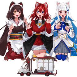  3girls ange_katrina ange_katrina_(1st_costume) animal_ears apron armband banken_(inui_toko) bird black_coat black_sash blue_armband blue_eyes blue_hair blue_neckerchief blue_thighhighs blunt_bangs blush boots brown_boots brown_hair brown_kimono bus cardigan cat_ears cat_girl claw_pose clawed_boots coat collared_shrug colored_inner_hair commentary_request dog_ears dog_girl dog_hair_ornament double-parted_bangs dress driving fang flower frilled_apron frills grey_skirt hair_between_eyes hair_flower hair_intakes hair_ornament hands_up heterochromia highres inui_toko inui_toko_(1st_costume) japanese_clothes kemonomimi_mode kimono layered_skirt lize_helesta lize_helesta_(1st_costume) long_hair long_sidelocks long_skirt long_sleeves looking_at_viewer maid_headdress mandragora_(ange_katrina) miniskirt motor_vehicle multicolored_hair multiple_girls neckerchief nijisanji obi obiage obijime off_shoulder open_mouth people_hitobito pleated_skirt red_cardigan red_eyes red_hair red_skirt sanbaka_(nijisanji) sash sebastian_piyodore shirt short_dress shrug_(clothing) sidelocks simple_background skirt streaked_hair thigh-highs two-tone_hair v-shaped_eyebrows very_long_hair violet_eyes virtual_youtuber waist_apron white_apron white_background white_boots white_dress white_hair white_headdress white_shirt white_shrug white_skirt yellow_eyes 