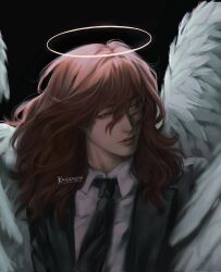  1boy androgynous angel_devil_(chainsaw_man) angel_wings black_background black_jacket chainsaw_man collared_shirt commentary hair_between_eyes halo highres jacket kaidenchii long_hair male_focus necktie orange_eyes parted_lips shirt solo traditional_halo white_wings wings 