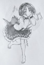  1girl absurdres back_bow blush bow breasts carbohydrate_(asta4282) character_name closed_mouth commentary_request frilled_skirt frills full_body greyscale hairband hands_on_own_cheeks hands_on_own_face highres large_breasts long_sleeves looking_at_viewer medium_hair monochrome musical_note shirt skirt smile solo touhou traditional_media tsukumo_yatsuhashi 