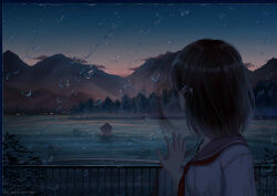  1girl absurdres against_glass black_hair building clouds commentary_request dusk forest from_side gradient_sky guiyi_tonghua hair_ornament hairclip hand_on_glass highres looking_afar looking_to_the_side medium_hair mountain nature neckerchief original parallel_hairclips railing rain red_neckerchief reflection sailor_collar scenery school_uniform serafuku shirt sky solo upper_body water_drop wetland white_shirt 