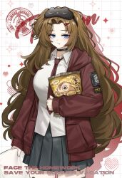  1girl 1mingk bag bag_of_chips blue_eyes breasts brown_hair character_name coat collared_shirt cowboy_shot english_text highres holding holding_bag holding_pillow large_breasts limbus_company long_hair mole mole_under_eye necktie pillow pleated_skirt project_moon red_coat red_necktie rodion_(project_moon) school_uniform shirt simple_background skirt sleep_mask smile 