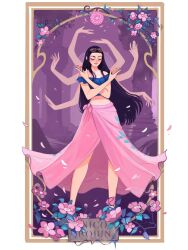  1girl bare_shoulders black_hair blush closed_eyes commentary crossed_arms devil_fruit devil_fruit_power english_commentary extra_arms eyewear_on_head flower highres long_hair ludmilacerafoce midriff navel nico_robin one_piece pink_flower pink_sarong sarong smile solo 