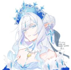  anastasya_feodorovna_snezhnaya artist_name bare_shoulders black_bow blue_eyes blue_gem blue_hair blue_robe bow braid braided_bun breasts circlet closed_mouth colored_eyelashes commentary_request dress drill_hair drill_sidelocks earrings fur-trimmed_robe fur_trim gem genshin_impact gradient_hair grey_hair hair_between_eyes hair_bow hair_bun half-closed_eyes jewelry kokoshnik looking_at_viewer medium_breasts multicolored_hair pendant pointy_ears robe royal_robe short_hair_with_long_locks sidelocks simple_background sparkle strapless strapless_dress sui64op symbol-shaped_pupils two-tone_hair upper_body watermark white_background white_dress yellow_gem 