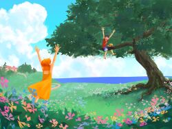  1boy 1girl aged_down arms_up black_hair blue_flower blue_sky clouds cloudy_sky dress facing_another flower grass hat highres horizon in_tree monkey_d._luffy nami_(one_piece) ocean one_piece orange_hair outdoors pink_flower potamihaha sandals scenery short_hair sitting sitting_in_tree sky smile straw_hat tree unworn_hat unworn_headwear yellow_dress yellow_flower 