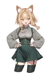  1girl :d animal_ear_fluff animal_ears arknights arknights:_endfield azusa_hina black_thighhighs blush braid bright_pupils brown_eyes brown_hair chinese_commentary commentary_request cropped_legs fang garter_straps green_skirt grey_shirt hair_ornament hands_on_own_hips high-waist_skirt highres light_blush long_sleeves open_mouth puffy_long_sleeves puffy_sleeves rossi_(arknights) shirt short_hair_with_long_locks simple_background skin_fang skirt smile solo suspender_skirt suspenders thigh-highs white_background wolf_ears wolf_girl zettai_ryouiki 