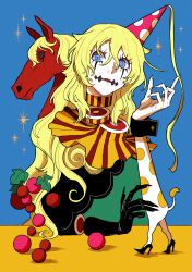  1girl absurdres amputee animal blonde_hair blue_background blue_eyes disembodied_head fingernails floating_head food fruit grapes guro hand_up hennin highres horse long_hair looking_at_viewer momomo_906 original ringed_eyes sharp_fingernails sliced solo upper_body 