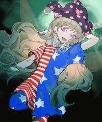  1girl american_flag american_flag_dress american_flag_pants american_flag_print arm_up artist_name black_sky blonde_hair blurry blurry_background clownpiece commentary_request cowboy_shot dress fairy_wings flag_print hair_between_eyes hat highres holding holding_torch jester_cap kaigen_1025 long_hair looking_at_viewer moon neck_ruff night open_mouth outdoors pants pantyhose polka_dot_headwear print_pants purple_hat short_sleeves sky smile solo standing standing_on_one_leg star_(symbol) star_print striped_clothes striped_dress striped_pants torch touhou transparent_wings violet_eyes wavy_hair wings 