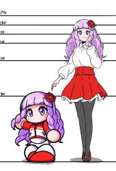  2girls amamiya_botan black_pantyhose brown_shoes chibi closed_mouth commentary_request drill_hair drilljapan dual_persona flower hair_flower hair_ornament hand_on_own_cheek hand_on_own_face height_chart highres jacket jikkyou_powerful_pro_yakyuu jikkyou_powerful_soccer long_hair multicolored_jacket multicolored_shoes multiple_girls no_mouth pants pantyhose purple_hair rayman_limbs red_flower red_jacket red_shoes red_skirt shirt shoes skirt smile track_jacket two-tone_shoes violet_eyes white_jacket white_pants white_shirt white_shoes 