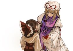  2girls aged_down ashashio blonde_hair bow child chinese_commentary commentary_request dress frilled_bow frilled_hair_tubes frills hair_bow hair_tubes hakama hakama_skirt hakurei_reimu hat hat_ribbon height_difference highres japanese_clothes kimono long_hair mob_cap multiple_girls open_mouth origami paper_crane purple_tabard red_bow red_hakama red_ribbon ribbon simple_background skirt smile tabard touhou very_long_hair violet_eyes white_background white_dress white_hat white_kimono yakumo_yukari 