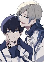  2boys averting_eyes blonde_hair blue_eyes blue_lock eyeliner facing_viewer gradient_hair hand_on_another's_chin hand_tattoo highres isagi_yoichi jacket looking_at_viewer looking_to_the_side makeup male_focus michael_kaiser multicolored_hair multiple_boys nannnann4321 neck_tattoo red_eyeliner short_hair short_hair_with_long_locks simple_background tattoo track_jacket two-tone_hair white_background zipper 