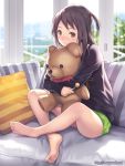 bare_legs barefoot blush brown_eyes brown_hair candy couch crossed_legs doll_hug feet hug ilog indian_style kuki_hitomi legs_crossed light_smile lollipop long_hair looking_at_viewer mana_kakkowarai official_art one_side_up original pillow shorts side_ponytail sitting smile soles solo stuffed_animal stuffed_toy sweater teddy_bear toes watermark web_address yellow_eyes 