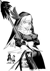  3girls absurdres black_dress black_kimono black_ribbon breasts commentary_request covered_navel cross cross_necklace dress flower gibril_(isekai_samurai) greyscale hair_flower hair_ornament hakama hakama_pants highres holding holding_polearm holding_sheath holding_weapon isekai_samurai japanese_clothes jewelry katana kimono large_breasts leg_tattoo long_hair looking_at_viewer miko_(isekai_samurai) monochrome multiple_girls necklace nun pants pointy_ears polearm ribbon saitou1218 scar scar_on_face scar_on_nose sheath smile sword tattoo tsukitsuba_ginko weapon white_hakama 