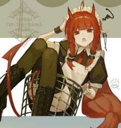  1girl :o ahoge alternate_costume apron arknights basket black_boots black_ribbon black_thighhighs boots braid commentary_request demon_horns demon_tail frilled_apron frills hair_ribbon hand_on_own_head hemorina highres horns letterboxed looking_at_viewer maid_apron maid_headdress necktie open_mouth pearl_hair_ornament pointy_ears puffy_short_sleeves puffy_sleeves red_eyes red_hair red_horns red_necktie red_tail ribbon short_sleeves side_braids solo tail thigh-highs vigna_(arknights) watermark 