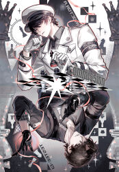  1boy absurdres adam's_apple arm_belt black_gloves board_game brown_hair brown_necktie chess chess_piece closed_mouth collared_shirt commission gloves harness hat highres holding holding_chess_piece jacket lapels lips looking_at_viewer multiple_views necktie notched_lapels original pink_ribbon ribbon shirt sidelocks watermark white_gloves white_hat white_jacket yu_anle_bu_le 