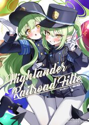  2girls absurdres armband balloon black_tail blue_archive blue_armband blush boots buttons comiket_108 commentary_request cover cover_page demon_tail double-breasted doujin_cover dress english_text gloves green_hair green_halo grin halo hat highres hikari_(blue_archive) hug long_hair long_sleeves looking_at_viewer multiple_girls nozomi_(blue_archive) pantyhose peaked_cap pointy_ears sak_(lemondisk) school_uniform shorts siblings sisters skirt smile tail title train_conductor translated twins twintails v white_gloves white_pantyhose yellow_eyes 
