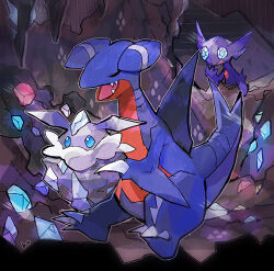  blue_eyes carbink cave_interior closed_eyes commentary_request crystal crystal_eye gabite imminent_bite kantarou_(8kan) lowres no_humans open_mouth pokemon pokemon_(creature) sableye sharp_teeth sitting surprised teeth 