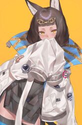  1girl absurdres animal_ear_fluff animal_ears arknights black_dress black_hair commentary_request covering_own_mouth cowboy_shot dress dutch_angle highres jacket long_sleeves looking_at_viewer medium_hair multicolored_jacket puranetto_(vjun4748) simple_background sleeves_past_wrists solo titi_(arknights) two-tone_jacket white_jacket yellow_background yellow_eyes yellow_jacket 