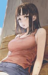  1girl armpit_crease backpack bag bare_shoulders bench black_hair blue_skirt blue_sky blush bra bra_peek breasts brown_bag brown_eyes cheek_bulge chewing clouds cloudy_sky commentary_request cowboy_shot cropped day denim denim_skirt ice ice_cube ice_cube_in_mouth jun_(navigavi) large_breasts lips long_hair looking_at_viewer nose on_bench open_mouth original outdoors pink_tank_top sitting skirt sky solo sound_effects sweat tank_top teeth underwear white_bra wooden_bench 