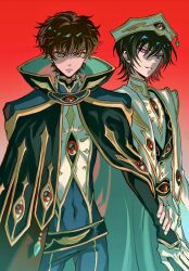  2boys black_hair brown_hair cape coat code_geass commentary_request covered_navel cowboy_shot gradient_background green_eyes hat highres holding_another's_wrist kururugi_suzaku lelouch_vi_britannia long_sleeves looking_at_viewer male_focus multiple_boys pants parted_lips red_background shimairisa short_hair standing stole violet_eyes white_coat white_hat 