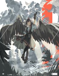  1girl absurdres ankle_boots backlighting battery_indicator bird black_boots black_gloves black_hair black_skirt black_socks black_vest black_wings boots chinese_commentary clouds commentary_request crow flock flying gloves hajimie2333 hat highres pom_pom_(clothes) red_hat scattered_paper shameimaru_aya shirt short_hair skirt socks suspender_skirt suspenders thigh-highs tokin_hat touhou vest viewfinder white_shirt wings 