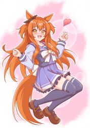  1girl animal_ears blush bow bowtie breasts brown_ribbon brown_shoes commentary_request ear_bow ear_ribbon hair_between_eyes heart highres horse_ears horse_girl horse_tail long_hair long_sleeves looking_at_viewer mayano_top_gun_(umamusume) mokichi3356 open_mouth orange_eyes orange_hair orange_tail pleated_skirt purple_sailor_collar purple_serafuku purple_shirt purple_skirt purple_thighhighs ribbon sailor_collar sailor_shirt school_uniform serafuku shirt shoes skirt small_breasts smile solo tail thigh-highs tracen_school_uniform two_side_up umamusume white_bow white_bowtie 