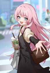  1girl :d absurdres amamiyayk bag bang_dream! bang_dream!_it's_mygo!!!!! black_dress blurry blurry_background brown_bag bubble_tea chihaya_anon commentary_request cup dress drinking_straw fang handbag highres holding holding_cup long_hair open_mouth outdoors reaching shopping_bag skin_fang smile solo 