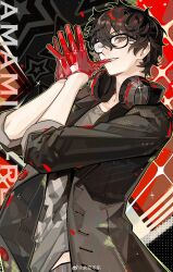  1boy absurdres amamiya_ren biting biting_glove black-framed_eyewear black_background black_eyes black_hair black_jacket buttons chinese_commentary commentary_request glasses gloves grey_shirt grin hair_between_eyes hands_up headphones headphones_around_neck highres jacket looking_at_viewer male_focus one_eye_closed open_clothes open_jacket persona persona_5 persona_5:_dancing_star_night persona_dancing red_background red_gloves shirt short_hair smile solo sparkle star_(symbol) star_symbol_background three-quarter_sleeves two-tone_background upper_body yu_anle_bu_le 
