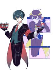  2boys :q absurdres alt_text antenna_hair aqua_hair aqua_vest armband bags_under_eyes black_coat black_gloves black_pants butler coat collared_shirt commentary_request cup don5435 dress_shirt esse_series eyepatch fondant_au_chocolat formal_clothes gloves gradient_coat highres hyoutenka_30-do_no_zetsubou kobayashi_luca lapels looking_at_viewer male_focus medical_eyepatch multiple_boys necktie pants purple_coat purple_hair purple_pants purple_shirt red_armband red_necktie revision serious shirt simple_background smile tailcoat thigh_strap tongue tongue_out vest white_background white_shirt window_(computing) xx_(esse_series) yellow_eyes yellow_necktie 