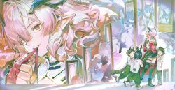  3girls absurdres age_progression animal_ears arknights arknights:_endfield black_skirt blue_horns boots breasts child chinese_commentary commentary_request cropped_jacket demon_girl demon_horns dragon_girl dragon_horns fluffy_tail green_thighhighs hair_intakes hair_over_one_eye hand_on_own_hip hand_wraps highres horns jiu_jiu_jiu_jiu large_breasts mandarin_collar medium_hair mi_fu_(arknights) miniskirt mole mole_under_eye multiple_girls one_eye_covered people pointy_ears red_eyes shirt skirt strapless strapless_shirt tangtang_(arknights) thigh-highs tiger_ears tiger_girl waist_cape zhuang_fangyi_(arknights) 