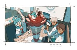  1girl 1other 2026 2boys ahoge ahoge_girl_(jimini_shijimi) aqua_eyes aqua_hair aqua_sailor_collar aqua_serafuku arm_up blunt_bangs border brown_hair cellphone collared_shirt commentary_request crossed_bangs cup dark-skinned_male dark_skin dated dessert diner drinking_straw food fruit hair_between_eyes highres holding holding_cup holding_phone ice_god_(jimini_shijimi) indoors jimini_shijimi long_sleeves looking_at_viewer mug multiple_boys neckerchief no_pupils original out_of_frame phone red_neckerchief sailor_collar school_uniform serafuku shirt short_eyebrows short_hair short_sleeves sidelocks sitting smartphone strawberry table white-haired_man_(jimini_shijimi) white_border white_hair 
