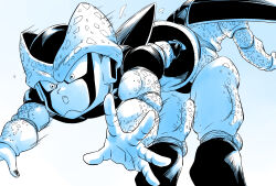  amayuki318 arthropod_limbs black_nails blue_background cell_(dragon_ball) cell_junior commentary_request dragon_ball dragon_ball_z from_behind gradient_background highres horns jumping muscular muscular_male open_mouth partially_colored perfect_cell spotted_skin white_background wings 