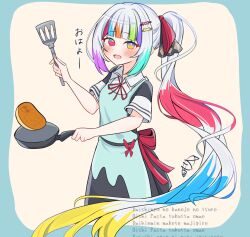  1girl akisame_(samechang001) alternate_costume apron collared_dress colored_tips commentary_request dress flipping_food food hair_ornament hairclip heterochromia highres holding holding_pan holding_spatula jogasaki_noah long_hair looking_at_viewer mahou_shoujo_no_majo_saiban multicolored_eyes multicolored_hair neck_ribbon open_mouth ponytail red_eyes ribbon simple_background solo spatula streaked_hair translation_request upper_body very_long_hair white_hair yellow_eyes 