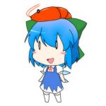  1girl 9rimson bad_id blue_hair blush_stickers bow chibi cirno dress hair_bow ice ice_wings lowres no_nose open_mouth ribbon short_hair shrimp solo thigh-highs thighhighs touhou white_background white_legwear wings 