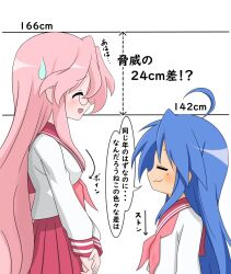  2girls :3 ahoge blue_hair blush breasts closed_eyes commentary_request cowboy_shot double-parted_bangs facing_another flat_chest hair_between_eyes height_chart height_difference highres izumi_konata long_hair long_sidelocks lucky_star medium_breasts meisoochuu mole mole_under_eye multiple_girls neckerchief pink_hair pink_neckerchief pleated_skirt red_sailor_collar red_skirt ryouou_school_uniform sailor_collar school_uniform serafuku sidelocks simple_background skirt speech_bubble standing takara_miyuki translation_request upper_body very_long_hair white_background 