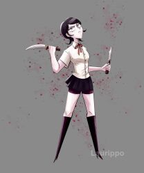  1girl artist_name black_boots black_hair boots closed_mouth collared_shirt commentary danganronpa/zero danganronpa_(series) english_commentary eyelashes freckles full_body grey_background grey_eyes high_heel_boots high_heels highres holding holding_knife holding_weapon ikusaba_mukuro knife laurippo legs_apart neck_ribbon purple_shorts red_ribbon ribbon shirt short_hair short_sleeves shorts shorts_under_skirt simple_background solo weapon white_shirt 