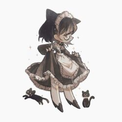  1girl animal_ears apron black_bow black_bowtie black_cat black_dress black_eyes black_hair bow bowtie cat cat_ears cat_girl dress frilled_apron frilled_dress frills garter_straps glass highres holding_own_dress kneehighs lace-trimmed_apron lace-trimmed_headwear lace-trimmed_socks lace_trim loafers long_sleeves looking_to_the_side maid maid_apron maid_headdress multiple_cats naiguozi one_ear_down original puffy_long_sleeves puffy_sleeves round_eyewear shoes short_hair socks sparkle white_apron white_background white_socks 