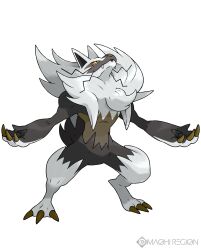  brown_fur brown_sclera claws colored_sclera english_text fakemon fangs greg_andrade grey_fur highres no_humans original pokemon pokemon_(creature) simple_background slit_pupils solo standing sugimori_ken_(style) two-tone_fur white_background yellow_eyes 