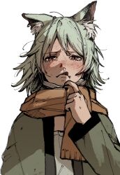  1girl animal_ear_fluff animal_ears b9b9_tail blush cat_ears coat commentary ear_piercing furrowed_brow green_hair green_jacket highres jacket licking licking_snot looking_at_viewer looking_down lower_eyelashes_only mask mask_pull messy_hair mouth_mask orange_scarf piercing red_eyes satou_yaniko scarf shirt short_hair sick snot solo surgical_mask sweat sweatdrop tearing_up tongue tongue_out white_background white_shirt wind yani_neko 