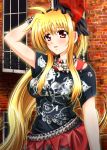  1girl belt black_gloves blonde_hair blush bracelet breasts collar diesel-turbo fate_testarossa fingerless_gloves gloves hair_ornament jewelry long_hair lyrical_nanoha mahou_shoujo_lyrical_nanoha open_mouth red_eyes skirt solo tank_top 