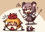  animal_ears blonde_hair capelet chibi dowsing_rod dress drop_trap gem grey_dress grey_hair hair_ornament jeweled_pagoda jewelry kukku mouse_ears mouse_tail multiple_girls nazrin necklace open_mouth outstretched_arms pitfall red_eyes short_hair squiggle tail tears toramaru_shou touhou 