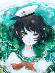  1girl air_bubble black_hair bubble commentary_request green_eyes half-closed_eyes hat katari looking_ahead looking_at_viewer murasa_minamitsu neckerchief red_neckerchief sailor_collar sailor_hat sailor_shirt shirt short_hair smile solo straight-on touhou underwater upper_body 