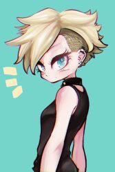  1girl blonde_hair blue_background blue_eyes blush character_request closed_mouth commentary_request copyright_request dot_mouth ear_piercing eyelashes looking_back morph426 notice_lines piercing short_hair simple_background sleeveless solo undercut very_short_hair 
