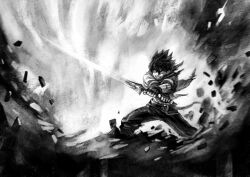  1boy absurdres belt belt_buckle buckle cape clenched_teeth commentary_request crossed_wrists debris fantasy feet_out_of_frame fingerless_gloves gloves glowing glowing_sword glowing_weapon greatsword highres holding holding_sword holding_weapon jun_(navigavi) korean_commentary long_hair looking_to_the_side male_focus monochrome open_mouth original outstretched_crossed_arms pants scar scar_on_arm shirt short_hair sleeves_rolled_up solo sword teeth torn_cape torn_clothes two-handed very_long_hair weapon 