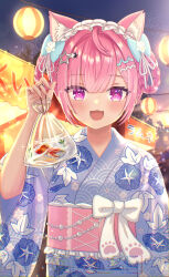  1girl aerial_fireworks ahoge animal_ears bag blue_bow blue_kimono blush bow braid braided_hair_rings cat_ears cat_girl cat_hair_ornament commentary_request fang fingernails fireworks fish floral_print floral_print_kimono goldfish goldfish_scooping hair_bow hair_intakes hair_ornament hair_rings hairclip highres indie_virtual_youtuber japanese_clothes kimono lantern long_sleeves looking_at_viewer maid_headdress market_stall medium_hair nail_polish open_mouth outdoors p8_kei paw_print pink_eyes pink_hair pink_nails pink_sash print_kimono sash skin_fang smile solo star_(symbol) star_hair_ornament summer_festival twitter_username virtual_youtuber white_bow yukata yuuki_sakuna yuuki_sakuna_(3rd_costume) 