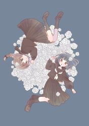  2girls :o black_sailor_collar black_serafuku black_shirt black_shoes black_skirt black_socks blue_background blue_eyes blue_hair blunt_bangs braid bright_pupils brown_hair closed_mouth commentary_request dot_nose flower full_body hand_up highres kneehighs long_hair long_sleeves multiple_girls neckerchief nishida_yume open_mouth original pleated_skirt rose sailor_collar school_uniform serafuku shirt shoes short_hair simple_background single_braid skirt socks white_flower white_neckerchief white_pupils white_rose yellow_eyes 