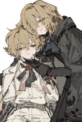  2boys ascot belt black_ascot black_bow black_bowtie black_coat black_gloves blonde_hair blush bow bowtie brooch brown_jacket chinese_commentary coat commentary_request evil_smile fingerless_gloves gloves grabbing_another's_chin grin half-closed_eye hand_on_another's_chin jacket jacket_on_shoulders jewelry limbus_company looking_at_viewer male_focus multiple_boys n_corp._fanatic_(identity)_(project_moon) pants project_moon shirt simple_background sinclair_(project_moon) smile talisman test169996 white_background white_pants white_shirt yellow_eyes 